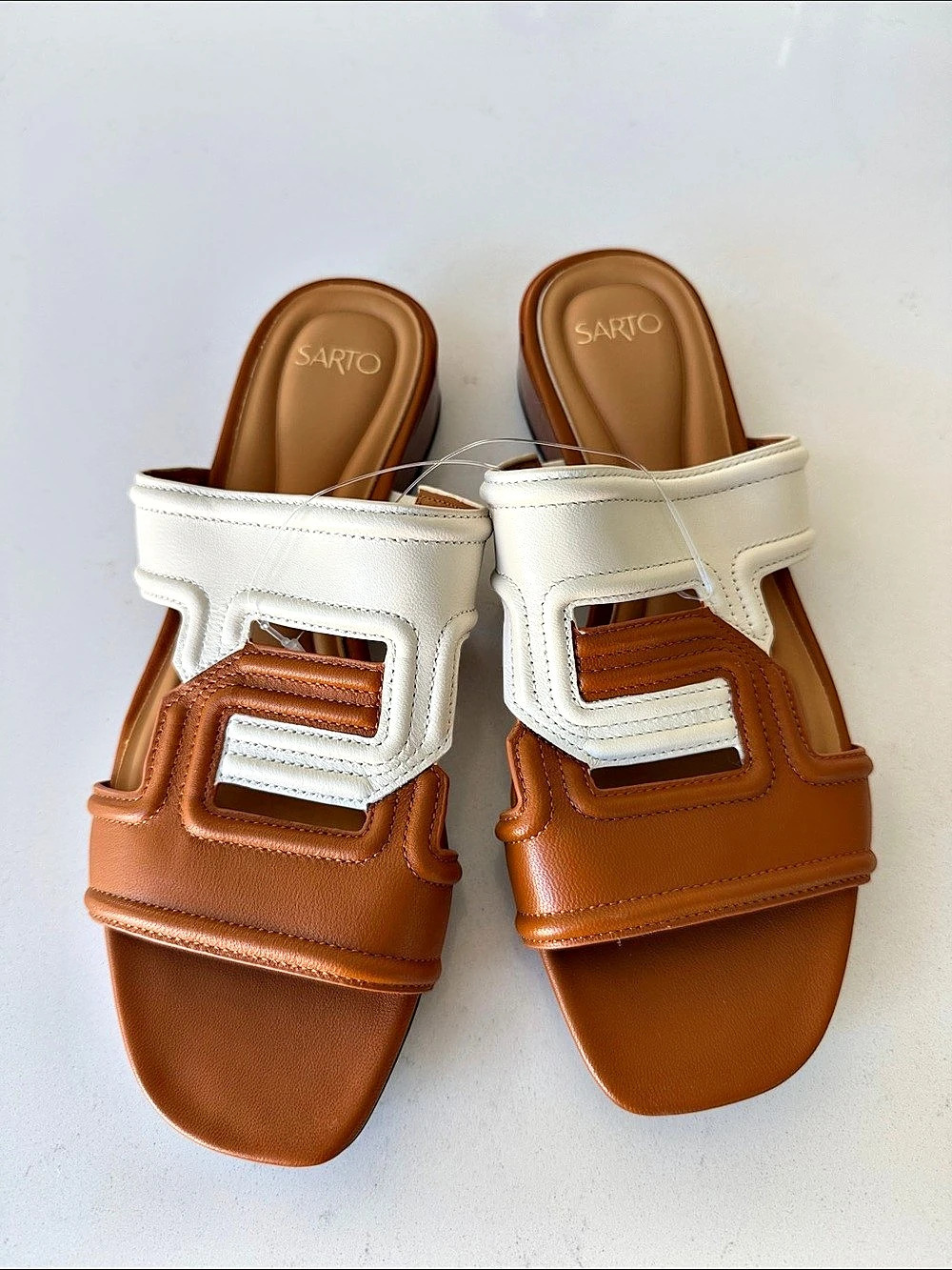 NIB SARTO Leather Brown & White Sandals Sizes 6,6.5, 7, 7.5, 9, 9.5 & 10